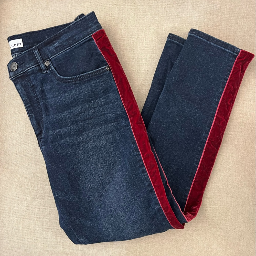 Loft Womens Jeans with Dark Red Velvet stripe down each side (size 8/29P)